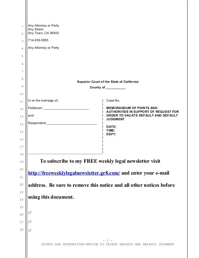 judgement decree or california motion under Sample divorce vacate judgment to