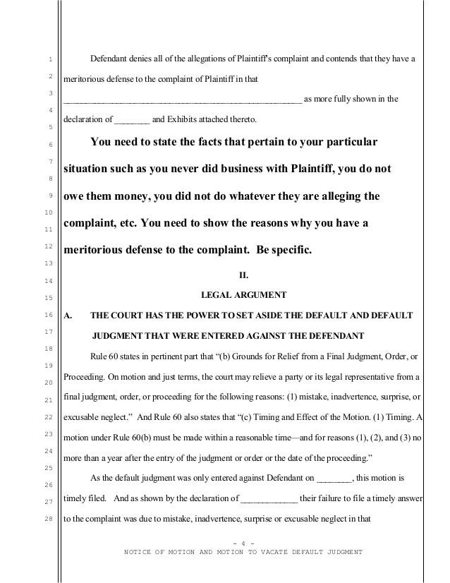 sample motion to vacate default judgment under federal rule of civi motion to vacate judgement sample letter