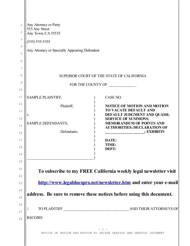 Sample Motion To Vacate Judgment And Quash Service For