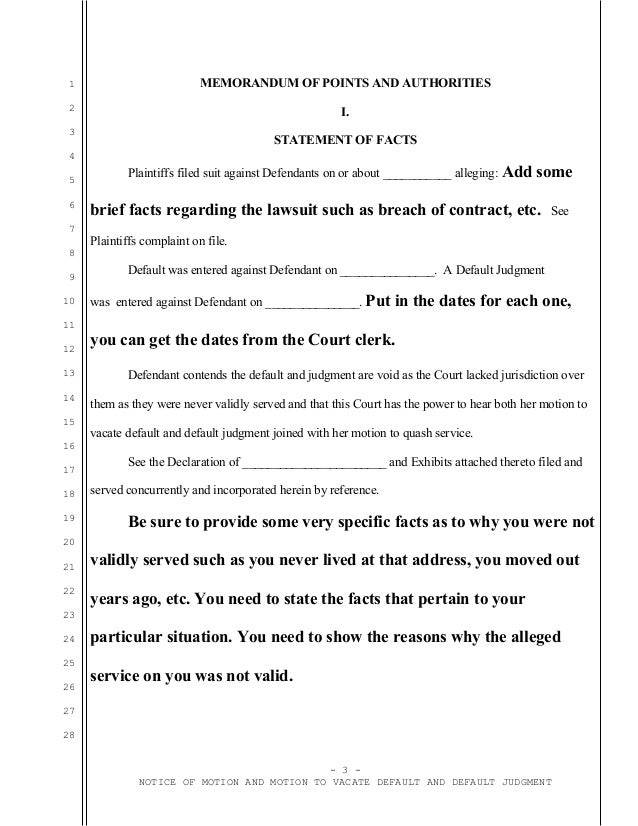 Sample motion to vacate judgment and quash service for California