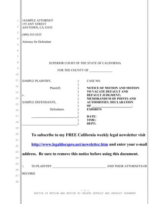 Sample California motion to vacate default judgment under ccp section ...