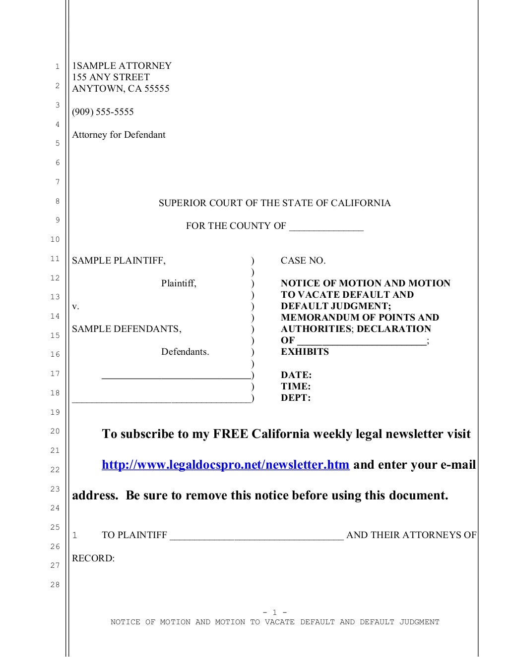 Sample california motion to vacate default judgment under ccp section 