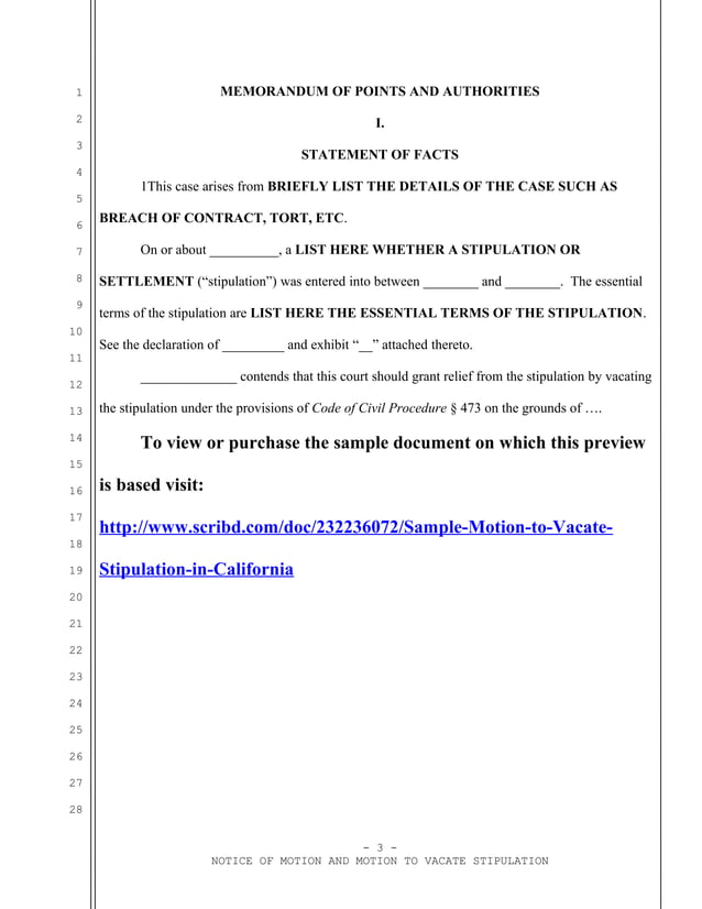 Sample motion to vacate stipulation in California PDF