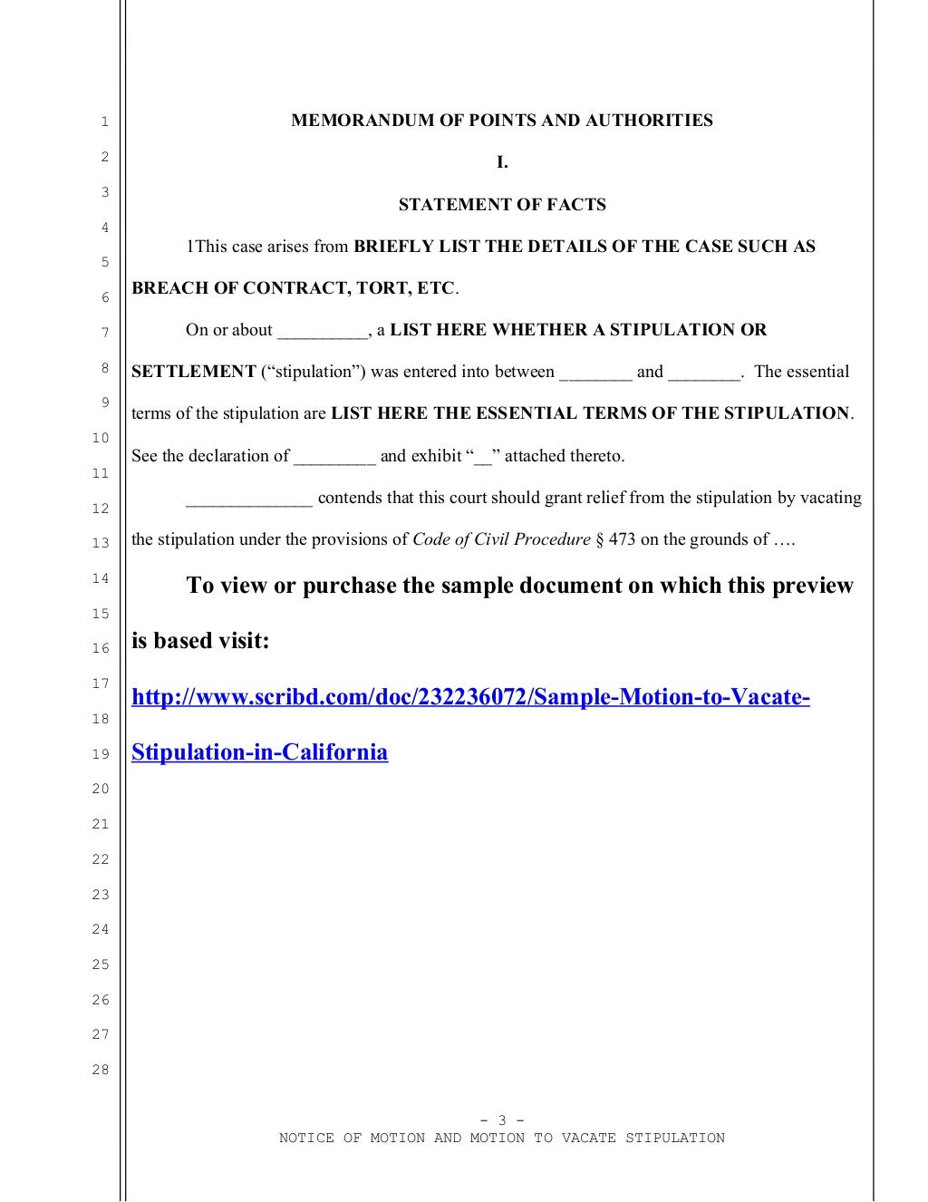 Sample motion to vacate stipulation in California