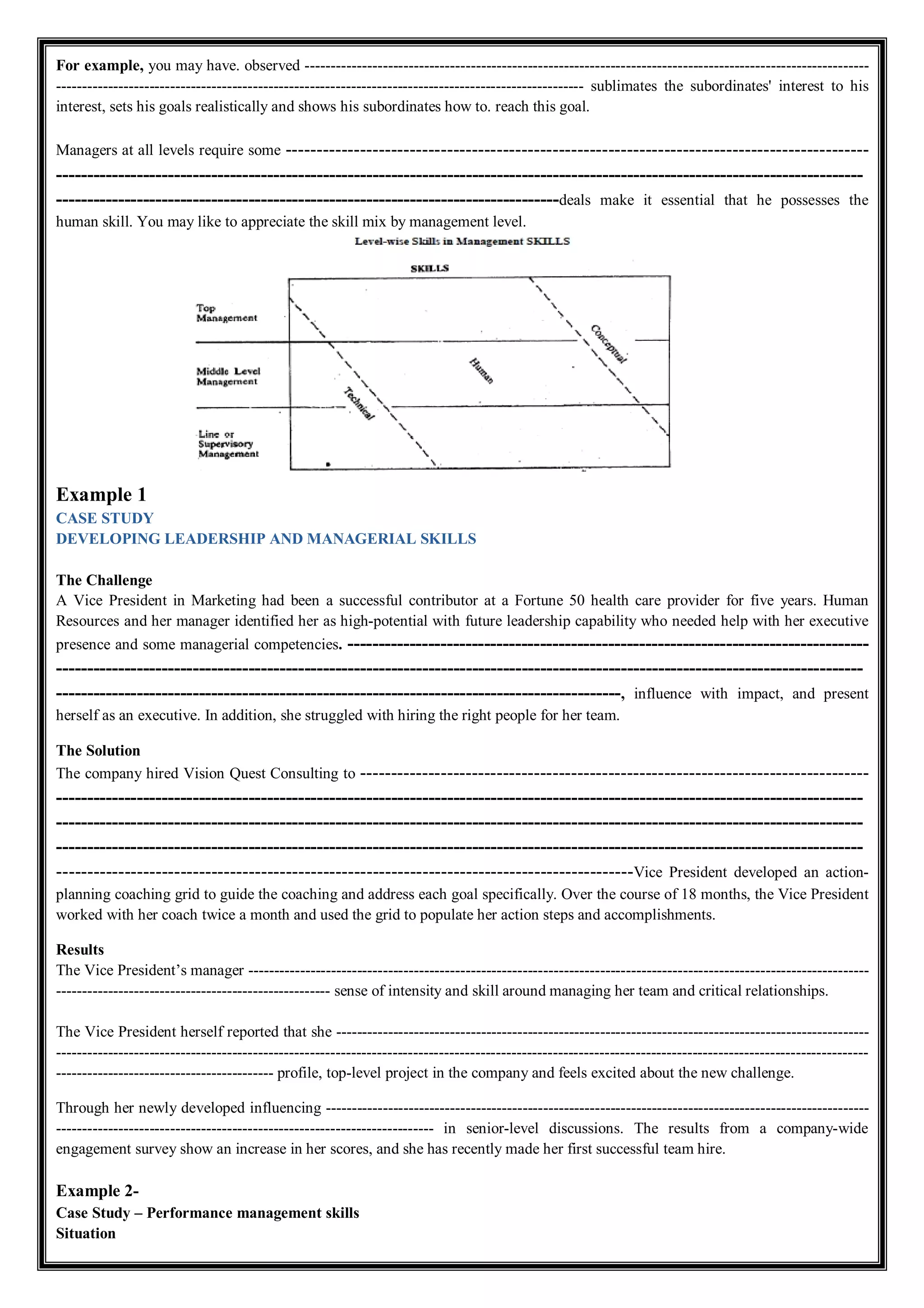 For example, you may have. observed -------------------------------------------------------------------------------------------------------------
------------------------------------------------------------------------------------------------------ sublimates the subordinates' interest to his
interest, sets his goals realistically and shows his subordinates how to. reach this goal.
Managers at all levels require some ----------------------------------------------------------------------------------------------
----------------------------------------------------------------------------------------------------------------------------------
---------------------------------------------------------------------------------deals make it essential that he possesses the
human skill. You may like to appreciate the skill mix by management level.
Example 1
CASE STUDY
DEVELOPING LEADERSHIP AND MANAGERIAL SKILLS
The Challenge
A Vice President in Marketing had been a successful contributor at a Fortune 50 health care provider for five years. Human
Resources and her manager identified her as high-potential with future leadership capability who needed help with her executive
presence and some managerial competencies. ------------------------------------------------------------------------------------
----------------------------------------------------------------------------------------------------------------------------------
-------------------------------------------------------------------------------------------, influence with impact, and present
herself as an executive. In addition, she struggled with hiring the right people for her team.
The Solution
The company hired Vision Quest Consulting to ----------------------------------------------------------------------------------
----------------------------------------------------------------------------------------------------------------------------------
----------------------------------------------------------------------------------------------------------------------------------
----------------------------------------------------------------------------------------------------------------------------------
---------------------------------------------------------------------------------------------Vice President developed an action-
planning coaching grid to guide the coaching and address each goal specifically. Over the course of 18 months, the Vice President
worked with her coach twice a month and used the grid to populate her action steps and accomplishments.
Results
The Vice President’s manager ------------------------------------------------------------------------------------------------------------------------
----------------------------------------------------- sense of intensity and skill around managing her team and critical relationships.
The Vice President herself reported that she -------------------------------------------------------------------------------------------------------
-------------------------------------------------------------------------------------------------------------------------------------------------------------
------------------------------------------ profile, top-level project in the company and feels excited about the new challenge.
Through her newly developed influencing ---------------------------------------------------------------------------------------------------------
------------------------------------------------------------------------- in senior-level discussions. The results from a company-wide
engagement survey show an increase in her scores, and she has recently made her first successful team hire.
Example 2-
Case Study – Performance management skills
Situation
 