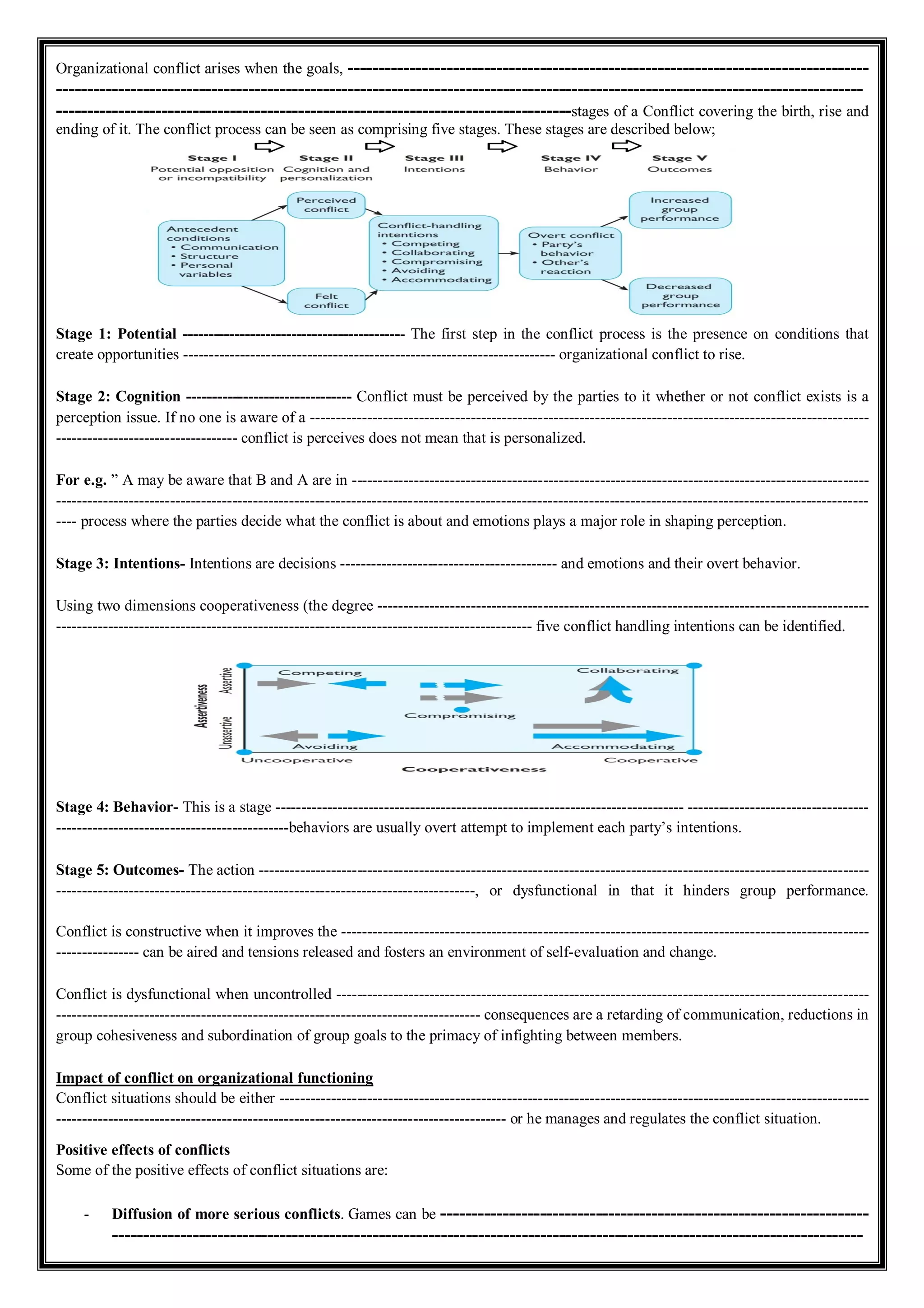 Organizational conflict arises when the goals, ------------------------------------------------------------------------------------
----------------------------------------------------------------------------------------------------------------------------------
-----------------------------------------------------------------------------------stages of a Conflict covering the birth, rise and
ending of it. The conflict process can be seen as comprising five stages. These stages are described below;
Stage 1: Potential ------------------------------------------- The first step in the conflict process is the presence on conditions that
create opportunities ------------------------------------------------------------------------ organizational conflict to rise.
Stage 2: Cognition -------------------------------- Conflict must be perceived by the parties to it whether or not conflict exists is a
perception issue. If no one is aware of a ------------------------------------------------------------------------------------------------------------
----------------------------------- conflict is perceives does not mean that is personalized.
For e.g. ” A may be aware that B and A are in ----------------------------------------------------------------------------------------------------
-------------------------------------------------------------------------------------------------------------------------------------------------------------
---- process where the parties decide what the conflict is about and emotions plays a major role in shaping perception.
Stage 3: Intentions- Intentions are decisions ------------------------------------------ and emotions and their overt behavior.
Using two dimensions cooperativeness (the degree -----------------------------------------------------------------------------------------------
-------------------------------------------------------------------------------------------- five conflict handling intentions can be identified.
Stage 4: Behavior- This is a stage ------------------------------------------------------------------------------- -----------------------------------
---------------------------------------------behaviors are usually overt attempt to implement each party’s intentions.
Stage 5: Outcomes- The action ----------------------------------------------------------------------------------------------------------------------
---------------------------------------------------------------------------------, or dysfunctional in that it hinders group performance.
Conflict is constructive when it improves the ------------------------------------------------------------------------------------------------------
---------------- can be aired and tensions released and fosters an environment of self-evaluation and change.
Conflict is dysfunctional when uncontrolled -------------------------------------------------------------------------------------------------------
---------------------------------------------------------------------------------- consequences are a retarding of communication, reductions in
group cohesiveness and subordination of group goals to the primacy of infighting between members.
Impact of conflict on organizational functioning
Conflict situations should be either ------------------------------------------------------------------------------------------------------------------
--------------------------------------------------------------------------------------- or he manages and regulates the conflict situation.
Positive effects of conflicts
Some of the positive effects of conflict situations are:
- Diffusion of more serious conflicts. Games can be ---------------------------------------------------------------------
-------------------------------------------------------------------------------------------------------------------------
 