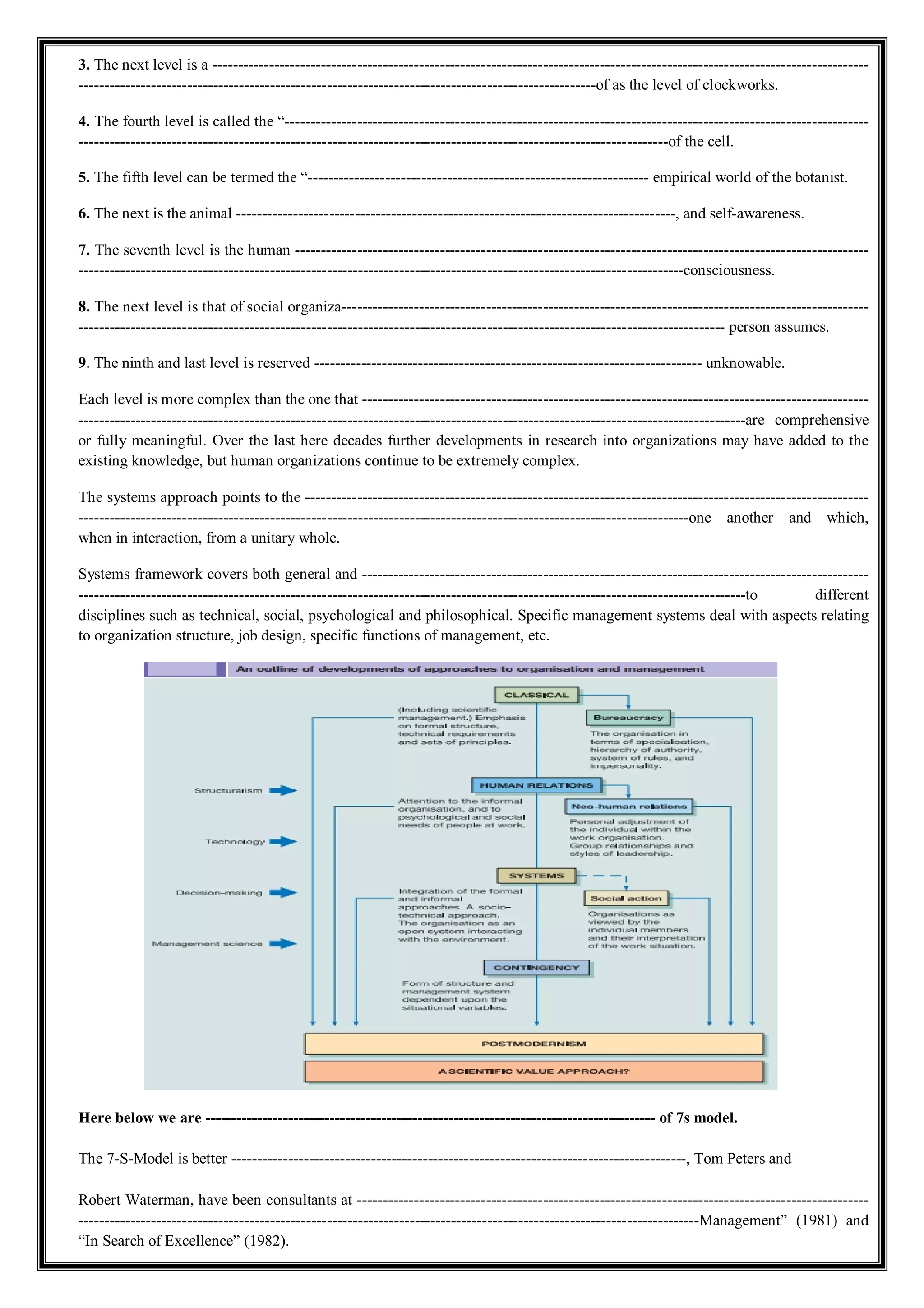 3. The next level is a -------------------------------------------------------------------------------------------------------------------------------
----------------------------------------------------------------------------------------------------of as the level of clockworks.
4. The fourth level is called the “-----------------------------------------------------------------------------------------------------------------
------------------------------------------------------------------------------------------------------------------of the cell.
5. The fifth level can be termed the “------------------------------------------------------------------ empirical world of the botanist.
6. The next is the animal -------------------------------------------------------------------------------------, and self-awareness.
7. The seventh level is the human ---------------------------------------------------------------------------------------------------------------
---------------------------------------------------------------------------------------------------------------------consciousness.
8. The next level is that of social organiza------------------------------------------------------------------------------------------------------
----------------------------------------------------------------------------------------------------------------------------- person assumes.
9. The ninth and last level is reserved --------------------------------------------------------------------------- unknowable.
Each level is more complex than the one that --------------------------------------------------------------------------------------------------
---------------------------------------------------------------------------------------------------------------------------------are comprehensive
or fully meaningful. Over the last here decades further developments in research into organizations may have added to the
existing knowledge, but human organizations continue to be extremely complex.
The systems approach points to the -------------------------------------------------------------------------------------------------------------
----------------------------------------------------------------------------------------------------------------------one another and which,
when in interaction, from a unitary whole.
Systems framework covers both general and --------------------------------------------------------------------------------------------------
---------------------------------------------------------------------------------------------------------------------------------to different
disciplines such as technical, social, psychological and philosophical. Specific management systems deal with aspects relating
to organization structure, job design, specific functions of management, etc.
Here below we are --------------------------------------------------------------------------------------- of 7s model.
The 7-S-Model is better ----------------------------------------------------------------------------------------, Tom Peters and
Robert Waterman, have been consultants at ---------------------------------------------------------------------------------------------------
------------------------------------------------------------------------------------------------------------------------Management” (1981) and
“In Search of Excellence” (1982).
 