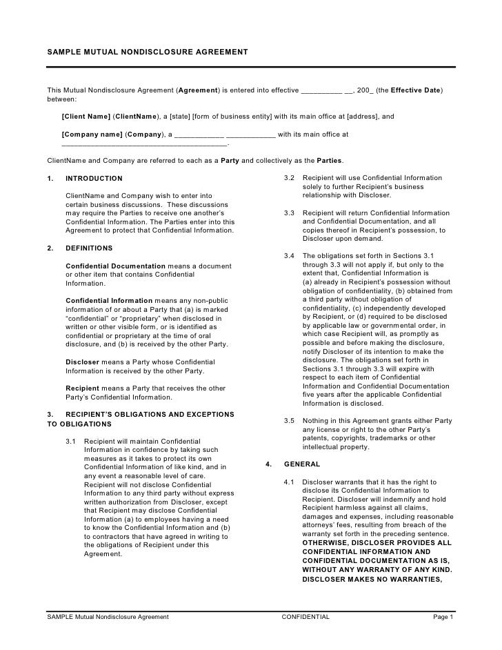sample mutual nondisclosure agreement this mutual nondisclosure agreement agreement is entered into effective