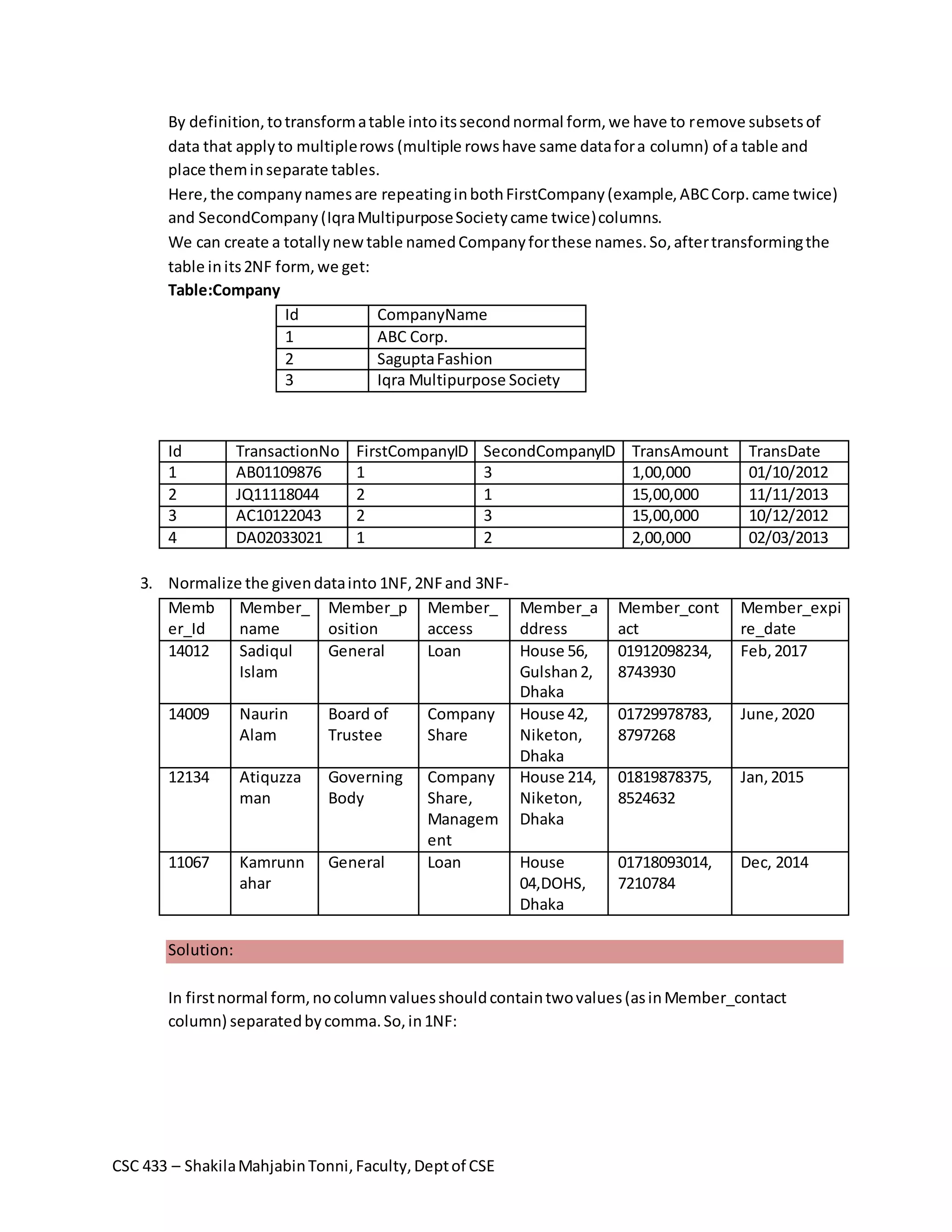 CSC 433 Sample normalization SQL Question | PDF