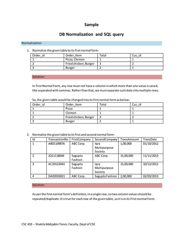 CSC 433 Sample normalization SQL Question | PDF