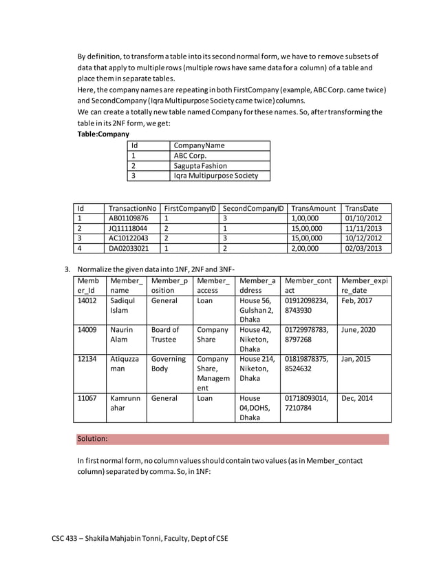 CSC 433 Sample normalization SQL Question | DOCX | Databases | Computer ...