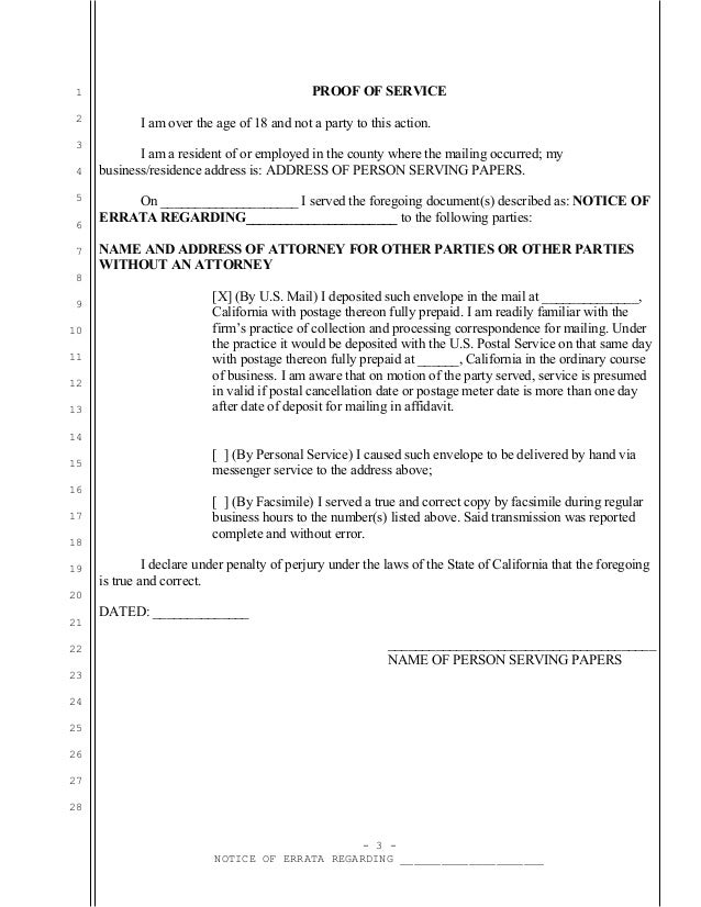 Sample notice of errata for california