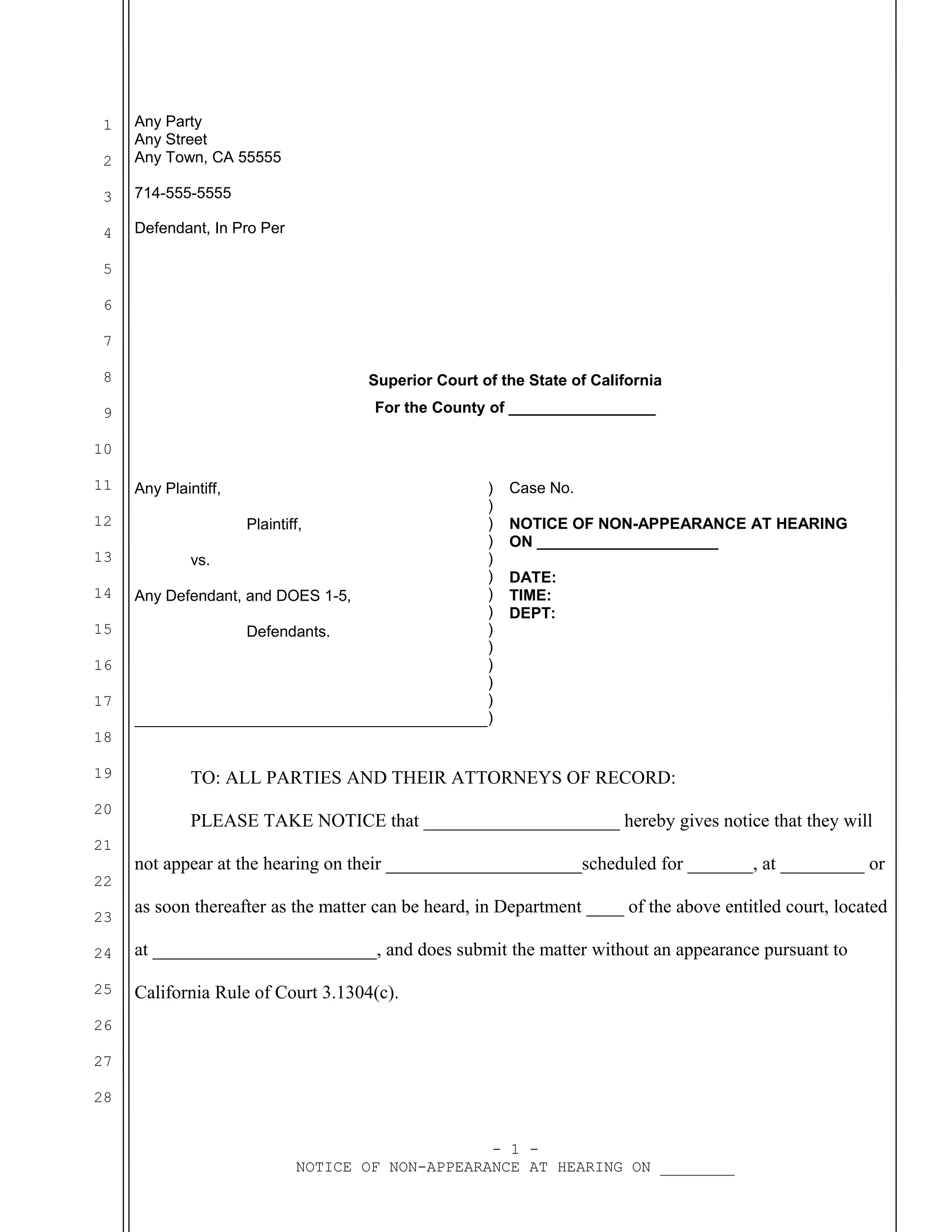 Sample California notice of non appearance at hearing DOC