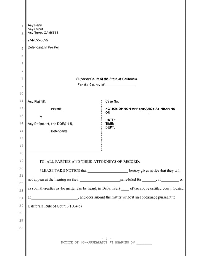 Sample California notice of nonappearance at hearing PDF