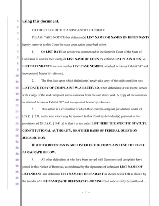 Sample notice of removal to United States District Court DOC