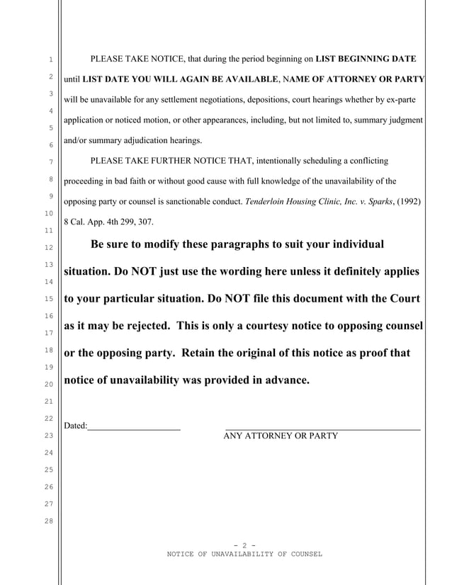 Unavailability Request Form Sample notice of unavailability of counsel for California | DOC | Legal ...