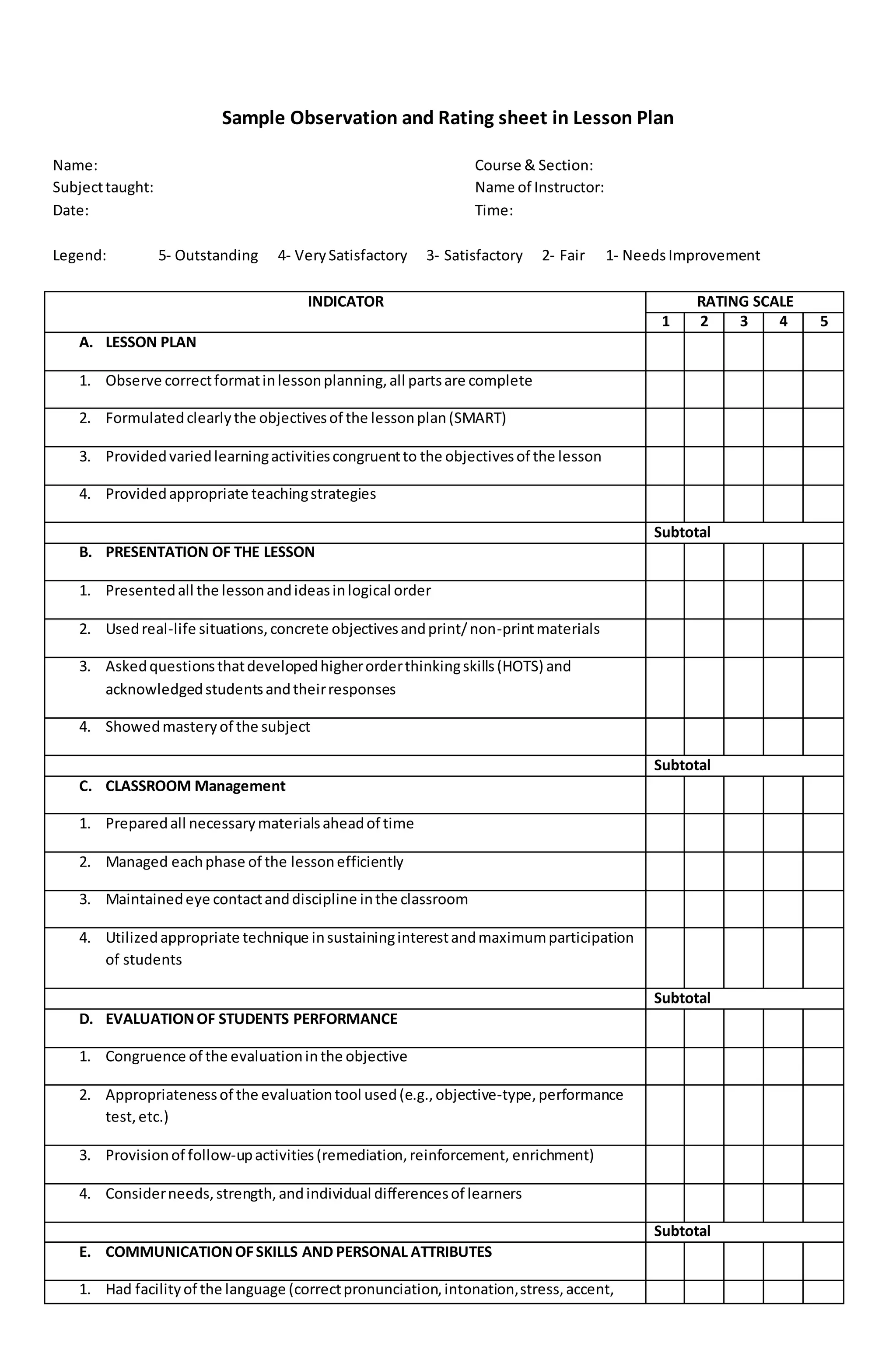 Sample Observation and Rating Sheet in Lesson Plan | DOCX