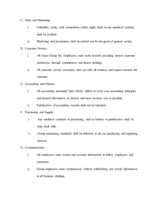 Sample of company code of ethics and evaluation | DOCX