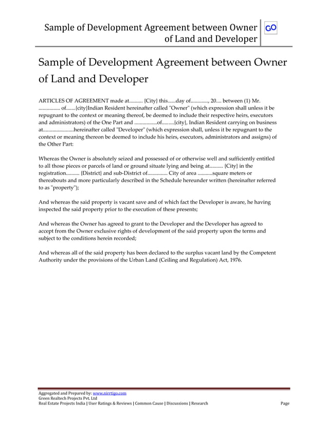 Sample of development joint venture agreement between owner of land and