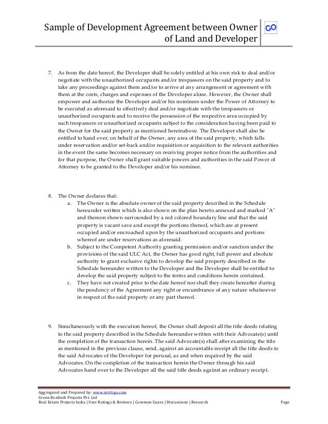 Sample of development joint venture agreement between owner of land a…