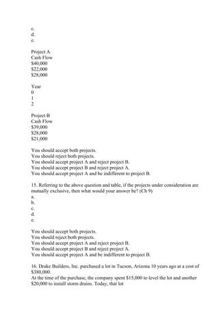 c.
d.
e.
Project A
Cash Flow
$40,000
$22,000
$28,000
Year
0
1
2
Project B
Cash Flow
$39,000
$28,000
$21,000
You should accept both projects.
You should reject both projects.
You should accept project A and reject project B.
You should accept project B and reject project A.
You should accept project A and be indifferent to project B.
15. Referring to the above question and table, if the projects under consideration are
mutually exclusive, then what would your answer be? (Ch 9)
a.
b.
c.
d.
e.
You should accept both projects.
You should reject both projects.
You should accept project A and reject project B.
You should accept project B and reject project A.
You should accept project A and be indifferent to project B.
16. Drake Builders, Inc. purchased a lot in Tucson, Arizona 10 years ago at a cost of
$380,000.
At the time of the purchase, the company spent $15,000 to level the lot and another
$20,000 to install storm drains. Today, that lot
 