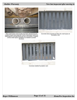 Builder Warranty                                                          New but inspected after moving in




   Rear crawl space vent at patio has been abandoned and          Concrete block prevents air flow into crawl space at
  suspect fungus was observed. Some crawl space vents are                          foundation vent
  obstructed by concrete block and can not function. Properly
     correct crawl space ventilation as needed to protect
                          structure.




                                            Correctly installed foundation vent




Roger Williamson                                     Page 12 of 32                       HomePro Inspection Inc
 