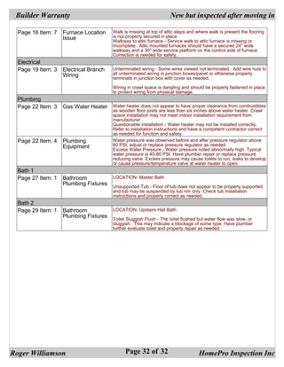 Builder Warranty                                                      New but inspected after moving in

  Page 16 Item: 7   Furnace Location       Walk is missing at top of attic steps and where walk is present the flooring
                    Issue                  is not properly secured in place
                                           Walkway to attic furnace - Service walk to attic furnace is missing or
                                           incomplete. Attic mounted furnaces should have a secured 24" wide
                                           walkway and a 30" wide service platform on the control side of furnace.
                                           Correction is needed for safety.
  Electrical
  Page 19 Item: 3   Electrical Branch      Unterminated wiring - Some wires viewed not terminated. Add wire nuts to
                    Wiring                 all unterminated wiring in junction boxes/panel or otherwise properly
                                           terminate in junction box with cover as needed.

                                           Wiring in crawl space is dangling and should be properly fastened in place
                                           to protect wiring from physical damage.
  Plumbing
  Page 22 Item: 3   Gas Water Heater Water heater does not appear to have proper clearance from combustibles
                                           as wooden floor joists are less than six inches above water heater. Crawl
                                           space installation may not meet indoor installation requirement from
                                           manufacturer.
                                           Questionable installation - Water heater may not be installed correctly.
                                           Refer to installation instructions and have a competent contractor correct
                                           as needed for function and safety.
  Page 22 Item: 4   Plumbing               Water pressure was observed before and after pressure regulator above
                    Equipment              80 PSI, adjust or replace pressure regulator as needed
                                           Excess Water Pressure - Water pressure noted abnormally high. Typical
                                           water pressure is 40-80 PSI. Have plumber repair or replace pressure
                                           reducing valve. Excess pressure may cause toilets to run, leaks to develop
                                           or cause pressure/temperature valve at water heater to open.
  Bath 1
  Page 27 Item: 1   Bathroom          LOCATION: Master Bath
                    Plumbing Fixtures Unsupported Tub - Floor of tub does not appear to be properly supported
                                           and tub may be suspended by tub rim only. Check tub installation
                                           instructions and properly correct as needed.
  Bath 2
  Page 29 Item: 1   Bathroom          LOCATION: Upstairs Hall Bath
                    Plumbing Fixtures Toilet Sluggish Flush - The toilet flushed but water flow was slow, or
                                           sluggish. This may indicate a blockage of some type. Have plumber
                                           further evaluate toilet and properly repair as needed.




Roger Williamson                                 Page 32 of 32                        HomePro Inspection Inc
 