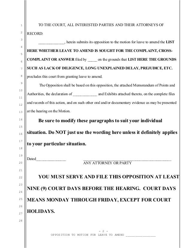 Sample opposition to California motion for leave to amend