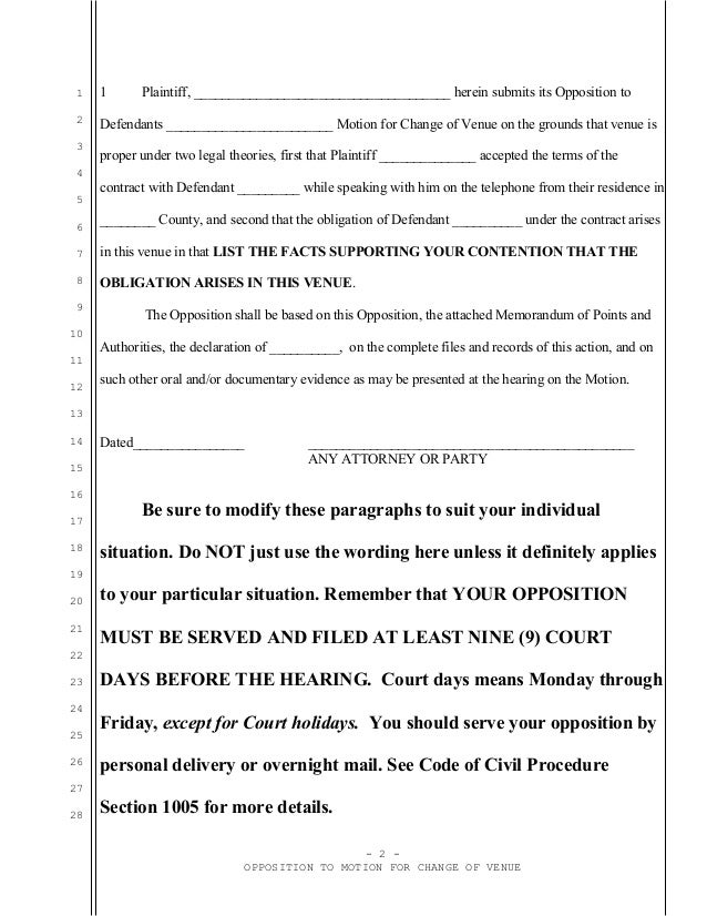 Sample opposition to motion for change of venue in california