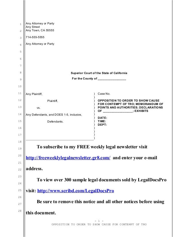 Sample Opposition To Order To Show Cause For Civil Contempt