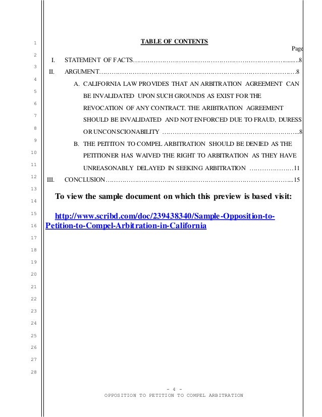 Sample opposition to petition to compel arbitration in california