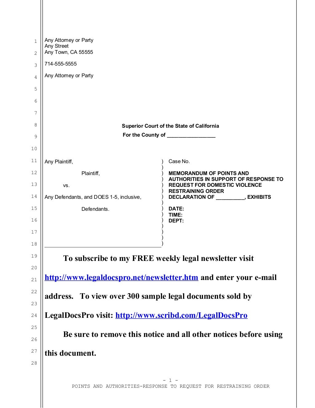 Sample opposition to request for domestic violence restraining order