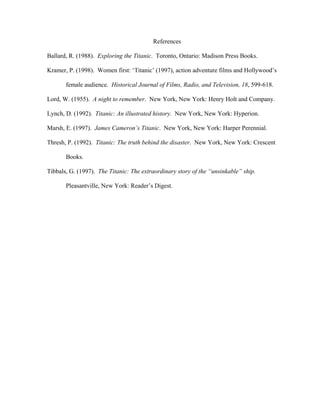 References

Ballard, R. (1988). Exploring the Titanic. Toronto, Ontario: Madison Press Books.

Kramer, P. (1998). Women first: ‘Titanic’ (1997), action adventure films and Hollywood’s

       female audience. Historical Journal of Films, Radio, and Television, 18, 599-618.

Lord, W. (1955). A night to remember. New York, New York: Henry Holt and Company.

Lynch, D. (1992). Titanic: An illustrated history. New York, New York: Hyperion.

Marsh, E. (1997). James Cameron’s Titanic. New York, New York: Harper Perennial.

Thresh, P. (1992). Titanic: The truth behind the disaster. New York, New York: Crescent

       Books.

Tibbals, G. (1997). The Titanic: The extraordinary story of the “unsinkable” ship.

       Pleasantville, New York: Reader’s Digest.
 