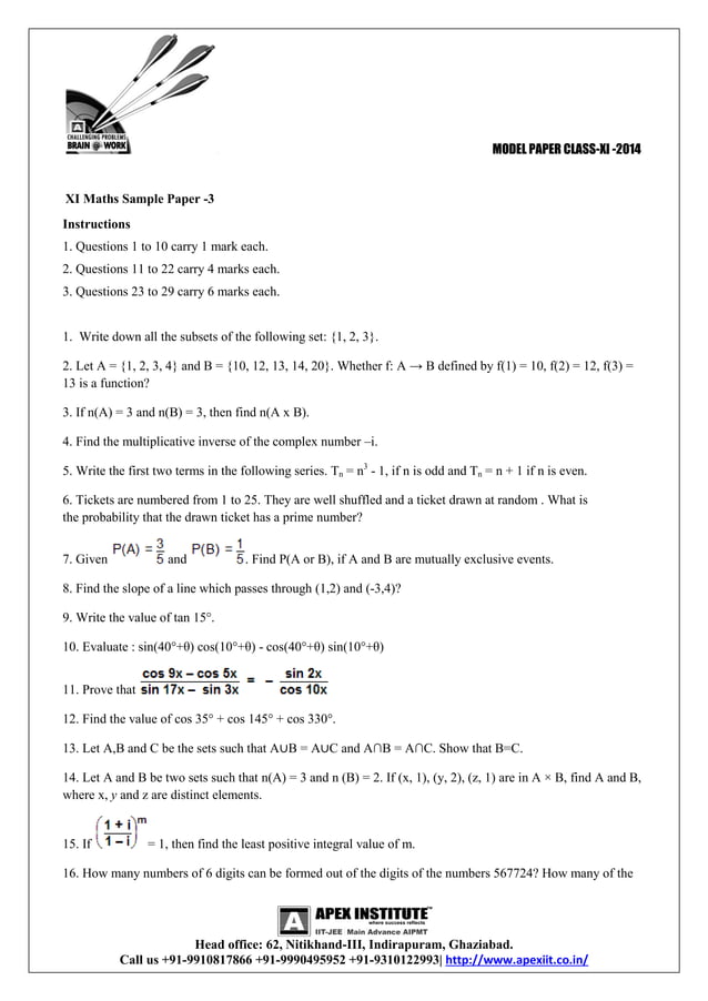 Sample paper for class -11 (2014) | PDF