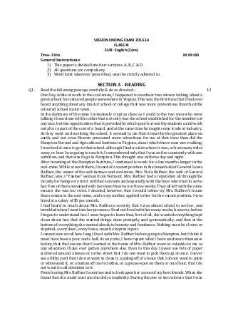 SESSION ENDING EXAM 2013-14
CLASS XI
SUB : English (Core)
Time- 3 Hrs. M.M.=80
General Instructions:
1) This paper is divi...