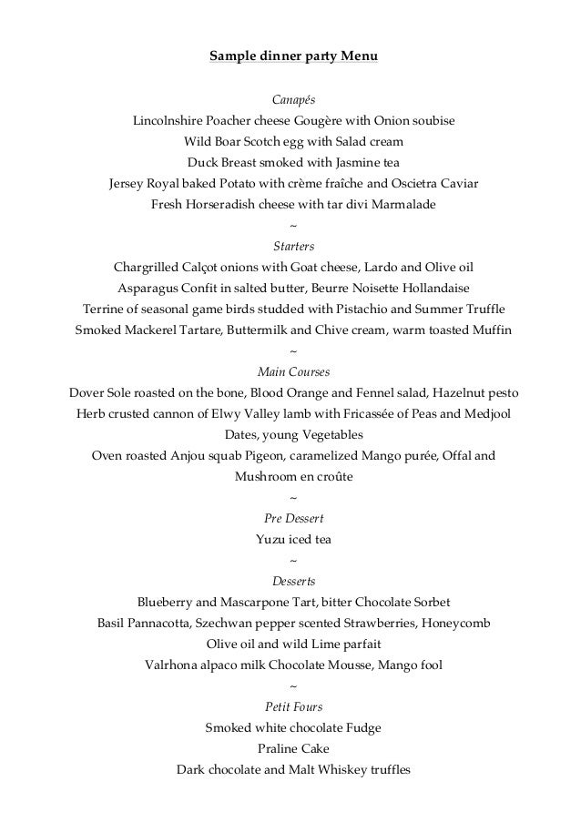 sample party menu sample dinner party menus