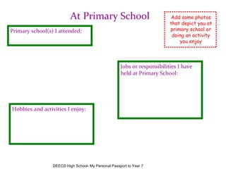 At Primary School Primary school(s) I attended: Jobs or responsibilities I have held at Primary School: Hobbies and activities I enjoy: Add some photos that depict you at primary school or doing an activity you enjoy DEECD High School- My Personal Passport to Year 7 