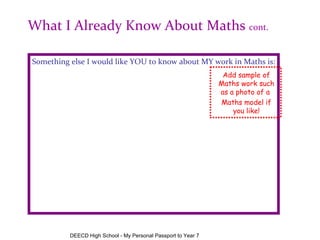 Something else I would like YOU to know about MY work in Maths is: What I Already Know About Maths  cont. Add sample of Maths work such as a photo of a  Maths model if you like! DEECD High School - My Personal Passport to Year 7 My favourite book/s this year have been:                               Something else I would like YOU to know about MY work in English is: 