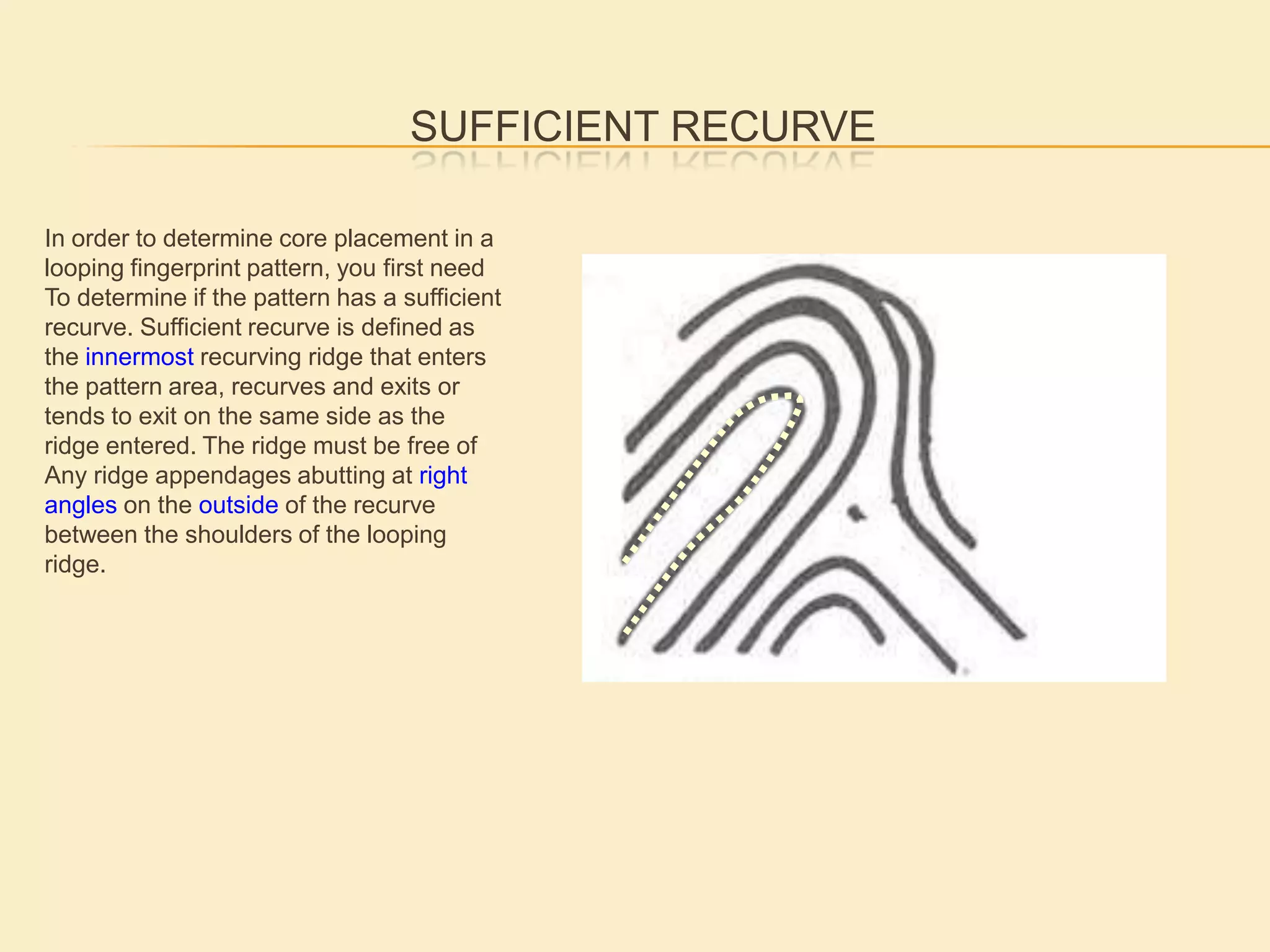 The Pattern Area is defined by the Typelines.The  typelines are the two (2) innermost ridges that run parallel, diverge and surround or tend to surround an area of ridge detail. The enclosed area of ridge detail is defined as the pattern area.Red lines highlight type lines that define the pattern area. Pattern area is that part of a loop or whorl in which appear the core(s), delta(s), and ridge(s) with which we are concerned in fingerprint pattern determination and classification.