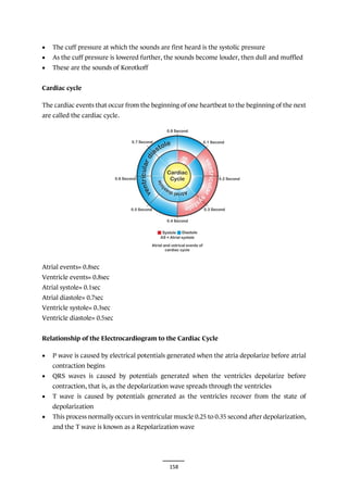 158
• The cuff pressure at which the sounds are first heard is the systolic pressure
• As the cuff pressure is lowered further, the sounds become louder, then dull and muffled
• These are the sounds of Korotkoff
Cardiac cycle
The cardiac events that occur from the beginning of one heartbeat to the beginning of the next
are called the cardiac cycle.
Atrial events= 0.8sec
Ventricle events= 0.8sec
Atrial systole= 0.1sec
Atrial diastole= 0.7sec
Ventricle systole= 0.3sec
Ventricle diastole= 0.5sec
Relationship of the Electrocardiogram to the Cardiac Cycle
• P wave is caused by electrical potentials generated when the atria depolarize before atrial
contraction begins
• QRS waves is caused by potentials generated when the ventricles depolarize before
contraction, that is, as the depolarization wave spreads through the ventricles
• T wave is caused by potentials generated as the ventricles recover from the state of
depolarization
• This process normally occurs in ventricular muscle 0.25 to 0.35 second after depolarization,
and the T wave is known as a Repolarization wave
 