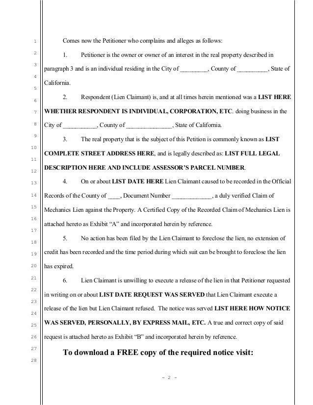 to how lien mechanic's remove release mechanics Sample lien of for California petition to how lien mechanic's remove release mechanics Sample lien of for California petition