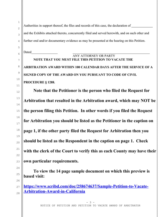 Sample petition to vacate arbitration award in California