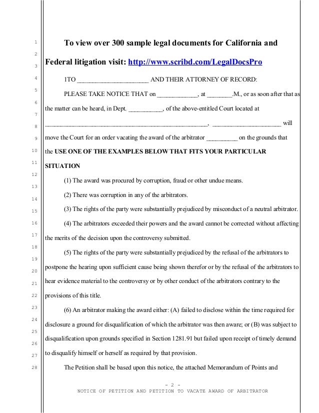 Sample petition to vacate arbitration award in California