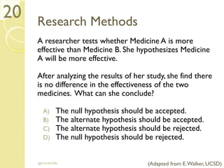 Research Methods
A researcher tests whether Medicine A is more
effective than Medicine B. She hypothesizes Medicine
A will be more effective.
After analyzing the results of her study, she find there
is no difference in the effectiveness of the two
medicines. What can she conclude?
A) The null hypothesis should be accepted.
B) The alternate hypothesis should be accepted.
C) The alternate hypothesis should be rejected.
D) The null hypothesis should be rejected.
sgts.ucsd.edu
20
(Adapted from E.Walker, UCSD)
 
