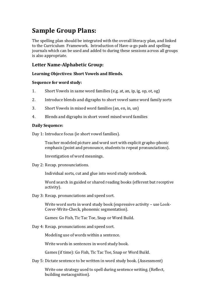 Sample Spelling Plans