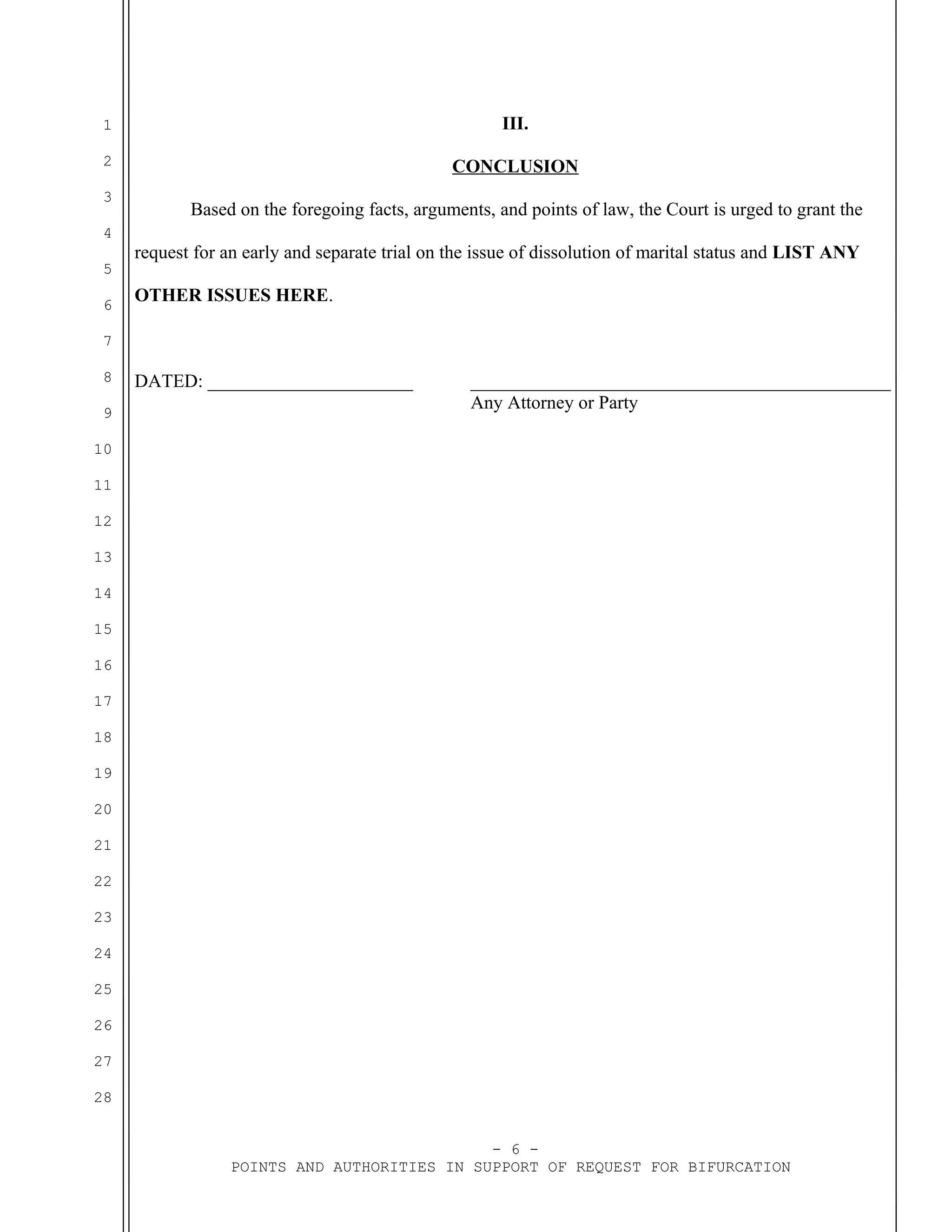 Sample california motion to bifurcate marital status pdf