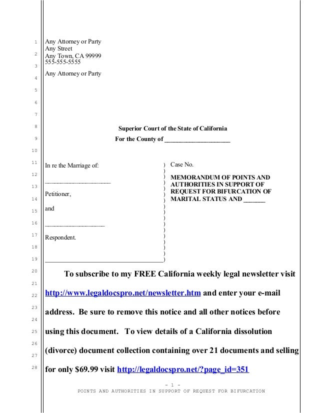 Sample California motion to bifurcate marital status