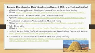 Links to Downloadable Data Visualization Demos ( Qlikview, Tableau, Spotfire)

• Qlikview Demo application, showing the Motion Chart, similar to Hans Rosling
•

•
•

•
•

Demo: https://sites.google.com/site/pandre/files/MotionChart.qvw?attredirects=0&d=1
Interactive Visual Drill-Down Demo (each Chart as Filter) with
Qlikview: https://sites.google.com/site/pandre/files/DrillDown.qvw?attredirects=0&d=1
Visualization of AdventureWorks data from Microsoft (using
Qlikview): https://sites.google.com/site/pandre/files/SalesAW.qvw?attredirects=0&d=1
Sales Demo with
Qlikview: https://sites.google.com/site/pandre/files/SalesApp11.qvw?attredirects=0&d=1
Andrei’s Tableau Public Profile with multiple online and Downloadable Demos with Tableau:
http://public.tableausoftware.com/profile/andrei5435#/
Visualization of AdventureWorks data from Microsoft (using Spotfire):
https://spotfire.cloud.tibco.com/private/ViewAnalysis.aspx?file=/users/a9p/Public/aw&w
aid=e902e6a62d2f1f134216b-2311469709b58b

 