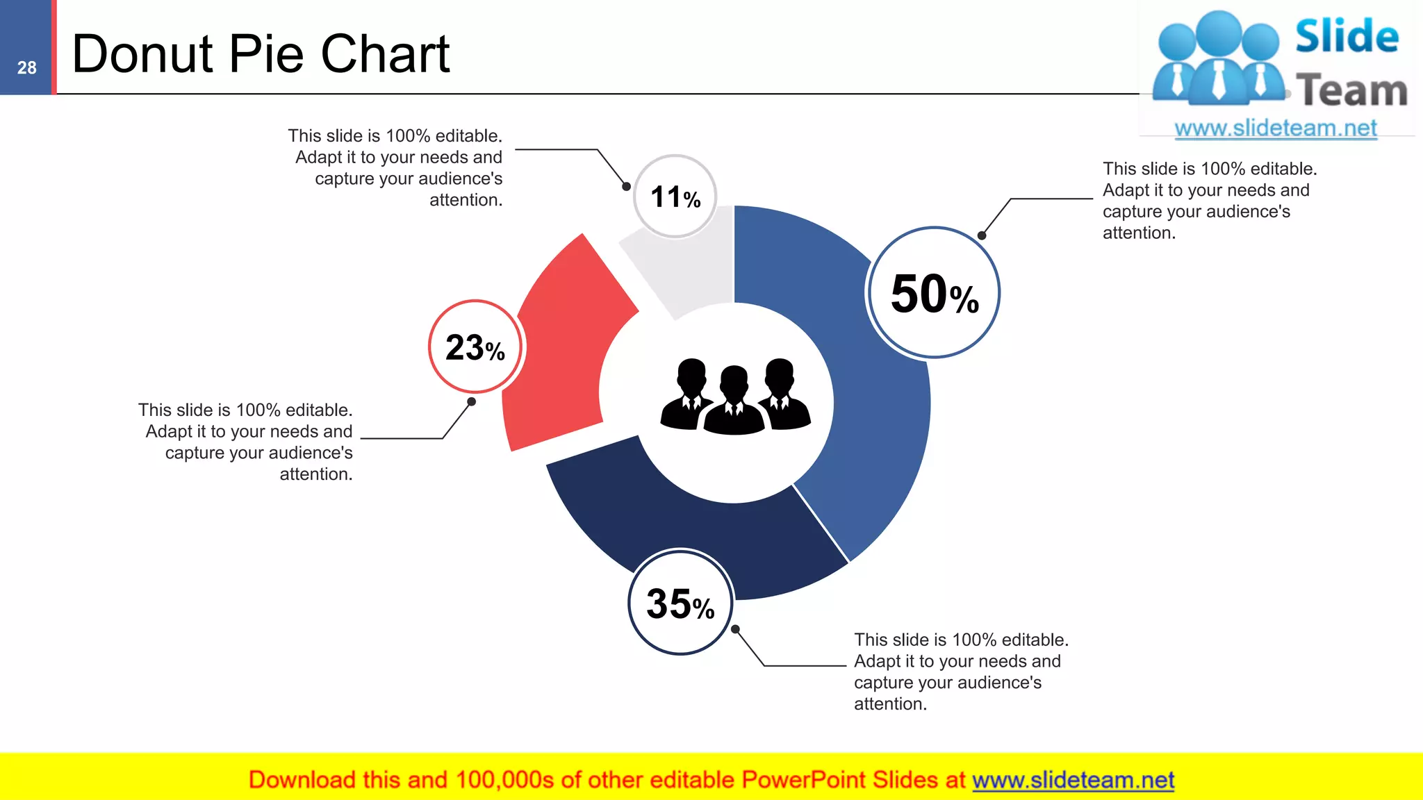 Donut Pie Chart
50%
This slide is 100% editable.
Adapt it to your needs and
capture your audience's
attention.
35%
This slide is 100% editable.
Adapt it to your needs and
capture your audience's
attention.
11%
This slide is 100% editable.
Adapt it to your needs and
capture your audience's
attention.
23%
This slide is 100% editable.
Adapt it to your needs and
capture your audience's
attention.
28
This graph/chart is linked to excel, and changes automatically based on data. Just left click on it and select “Edit Data”.
 