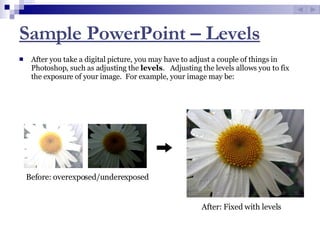 Sample PowerPoint – Levels ,[object Object],Before: overexposed/underexposed After: Fixed with levels 